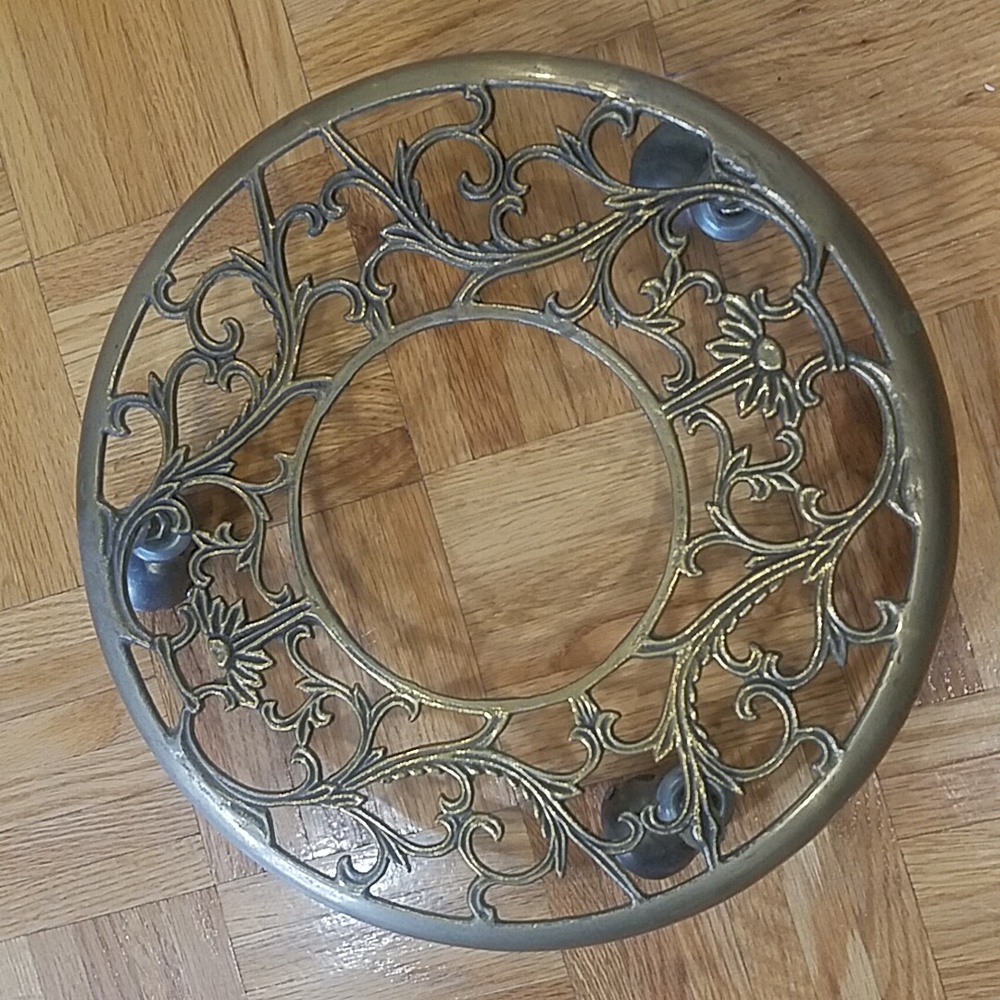 Vintage Brass Ornate Rolling Pot Plant Stand